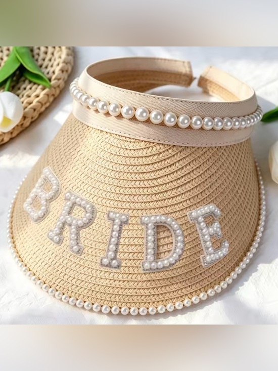 Macy\'s Beige Straw Visor with Pearl Trim and BRIDE Embellishment